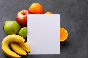 tarjeta y blanco papel Bosquejo armonizado con Fresco fruta, elaboración un visual sinfonía de ingenioso diseño y culinario deleitar, dónde saludable ingredientes unir en un banquete de vibrante imágenes foto