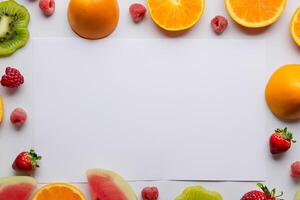 tarjeta y blanco papel Bosquejo armonizado con Fresco fruta, elaboración un visual sinfonía de ingenioso diseño y culinario deleitar, dónde saludable ingredientes unir en un banquete de vibrante imágenes foto