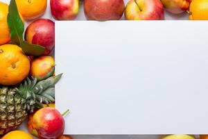 tarjeta y blanco papel Bosquejo armonizado con Fresco fruta, elaboración un visual sinfonía de ingenioso diseño y culinario deleitar, dónde saludable ingredientes unir en un banquete de vibrante imágenes foto