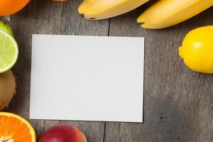 Card and White Paper Mockup Harmonized with Fresh Fruit, Crafting a Visual Symphony of Artful Design and Culinary Delight, Where Wholesome Ingredients Merge in a Feast of Vibrant Imagery photo