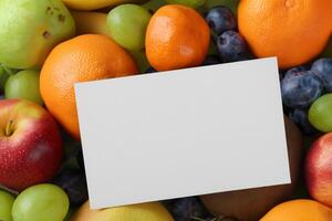 tarjeta y blanco papel Bosquejo armonizado con Fresco fruta, elaboración un visual sinfonía de ingenioso diseño y culinario deleitar, dónde saludable ingredientes unir en un banquete de vibrante imágenes foto