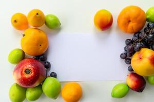 tarjeta y blanco papel Bosquejo armonizado con Fresco fruta, elaboración un visual sinfonía de ingenioso diseño y culinario deleitar, dónde saludable ingredientes unir en un banquete de vibrante imágenes foto