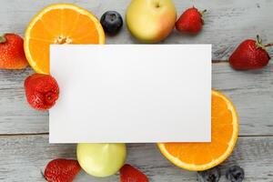 tarjeta y blanco papel Bosquejo armonizado con Fresco fruta, elaboración un visual sinfonía de ingenioso diseño y culinario deleitar, dónde saludable ingredientes unir en un banquete de vibrante imágenes foto