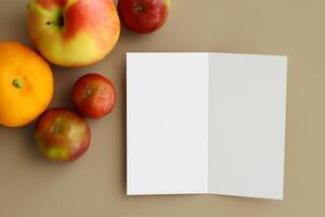 tarjeta y blanco papel Bosquejo armonizado con Fresco fruta, elaboración un visual sinfonía de ingenioso diseño y culinario deleitar, dónde saludable ingredientes unir en un banquete de vibrante imágenes foto