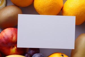 tarjeta y blanco papel Bosquejo armonizado con Fresco fruta, elaboración un visual sinfonía de ingenioso diseño y culinario deleitar, dónde saludable ingredientes unir en un banquete de vibrante imágenes foto