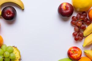 tarjeta y blanco papel Bosquejo armonizado con Fresco fruta, elaboración un visual sinfonía de ingenioso diseño y culinario deleitar, dónde saludable ingredientes unir en un banquete de vibrante imágenes foto