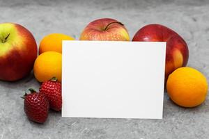 tarjeta y blanco papel Bosquejo armonizado con Fresco fruta, elaboración un visual sinfonía de ingenioso diseño y culinario deleitar, dónde saludable ingredientes unir en un banquete de vibrante imágenes foto