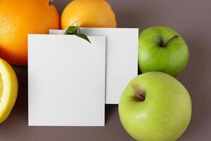 tarjeta y blanco papel Bosquejo armonizado con Fresco fruta, elaboración un visual sinfonía de ingenioso diseño y culinario deleitar, dónde saludable ingredientes unir en un banquete de vibrante imágenes foto