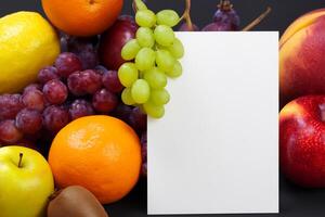 tarjeta y blanco papel Bosquejo armonizado con Fresco fruta, elaboración un visual sinfonía de ingenioso diseño y culinario deleitar, dónde saludable ingredientes unir en un banquete de vibrante imágenes foto