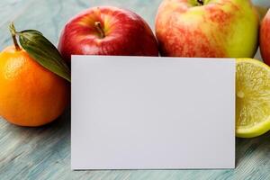 Card and White Paper Mockup Harmonized with Fresh Fruit, Crafting a Visual Symphony of Artful Design and Culinary Delight, Where Wholesome Ingredients Merge in a Feast of Vibrant Imagery photo