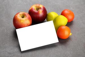 tarjeta y blanco papel Bosquejo armonizado con Fresco fruta, elaboración un visual sinfonía de ingenioso diseño y culinario deleitar, dónde saludable ingredientes unir en un banquete de vibrante imágenes foto