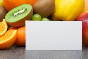 Card and White Paper Mockup Harmonized with Fresh Fruit, Crafting a Visual Symphony of Artful Design and Culinary Delight, Where Wholesome Ingredients Merge in a Feast of Vibrant Imagery photo