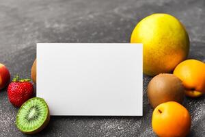 tarjeta y blanco papel Bosquejo armonizado con Fresco fruta, elaboración un visual sinfonía de ingenioso diseño y culinario deleitar, dónde saludable ingredientes unir en un banquete de vibrante imágenes foto