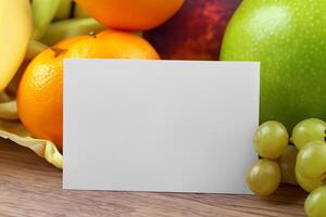 Card and White Paper Mockup Harmonized with Fresh Fruit, Crafting a Visual Symphony of Artful Design and Culinary Delight, Where Wholesome Ingredients Merge in a Feast of Vibrant Imagery photo