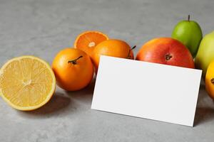 tarjeta y blanco papel Bosquejo armonizado con Fresco fruta, elaboración un visual sinfonía de ingenioso diseño y culinario deleitar, dónde saludable ingredientes unir en un banquete de vibrante imágenes foto