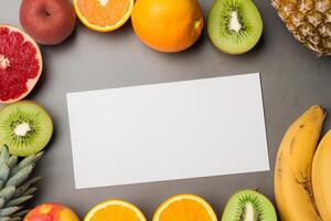 Card and White Paper Mockup Harmonized with Fresh Fruit, Crafting a Visual Symphony of Artful Design and Culinary Delight, Where Wholesome Ingredients Merge in a Feast of Vibrant Imagery photo