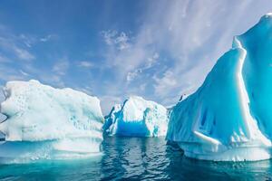 Majestic Ice Cliffs Crowned by a Cool Atmosphere, Framed by the Beautiful Sea and Sky, Conjuring a Harmonious Panorama of Nature's Icy Grandeur and Oceanic Splendor photo