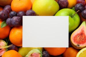 tarjeta y blanco papel Bosquejo armonizado con Fresco fruta, elaboración un visual sinfonía de ingenioso diseño y culinario deleitar, dónde saludable ingredientes unir en un banquete de vibrante imágenes foto