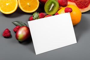 tarjeta y blanco papel Bosquejo armonizado con Fresco fruta, elaboración un visual sinfonía de ingenioso diseño y culinario deleitar, dónde saludable ingredientes unir en un banquete de vibrante imágenes foto