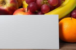 Card and White Paper Mockup Harmonized with Fresh Fruit, Crafting a Visual Symphony of Artful Design and Culinary Delight, Where Wholesome Ingredients Merge in a Feast of Vibrant Imagery photo