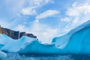 Majestic Ice Cliffs Crowned by a Cool Atmosphere, Framed by the Beautiful Sea and Sky, Conjuring a Harmonious Panorama of Nature's Icy Grandeur and Oceanic Splendor photo