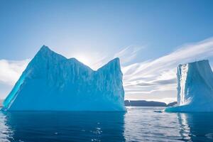 majestuoso hielo acantilados coronado por un frio atmósfera, enmarcado por el hermosa mar y cielo, prestidigitación un armonioso panorama de de la naturaleza glacial grandeza y oceánico esplendor foto