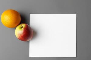 tarjeta y blanco papel Bosquejo armonizado con Fresco fruta, elaboración un visual sinfonía de ingenioso diseño y culinario deleitar, dónde saludable ingredientes unir en un banquete de vibrante imágenes foto