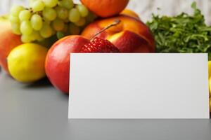 tarjeta y blanco papel Bosquejo armonizado con Fresco fruta, elaboración un visual sinfonía de ingenioso diseño y culinario deleitar, dónde saludable ingredientes unir en un banquete de vibrante imágenes foto