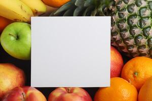 tarjeta y blanco papel Bosquejo armonizado con Fresco fruta, elaboración un visual sinfonía de ingenioso diseño y culinario deleitar, dónde saludable ingredientes unir en un banquete de vibrante imágenes foto