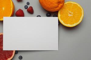 Card and White Paper Mockup Harmonized with Fresh Fruit, Crafting a Visual Symphony of Artful Design and Culinary Delight, Where Wholesome Ingredients Merge in a Feast of Vibrant Imagery photo