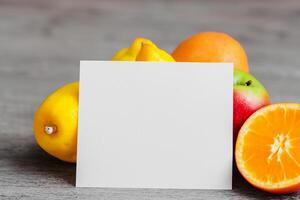 tarjeta y blanco papel Bosquejo armonizado con Fresco fruta, elaboración un visual sinfonía de ingenioso diseño y culinario deleitar, dónde saludable ingredientes unir en un banquete de vibrante imágenes foto