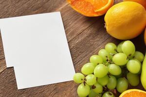 Card and White Paper Mockup Harmonized with Fresh Fruit, Crafting a Visual Symphony of Artful Design and Culinary Delight, Where Wholesome Ingredients Merge in a Feast of Vibrant Imagery photo