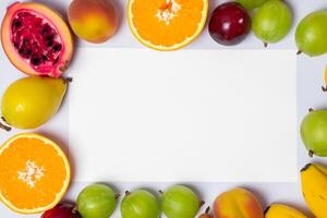 tarjeta y blanco papel Bosquejo armonizado con Fresco fruta, elaboración un visual sinfonía de ingenioso diseño y culinario deleitar, dónde saludable ingredientes unir en un banquete de vibrante imágenes foto