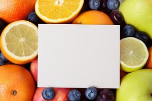 tarjeta y blanco papel Bosquejo armonizado con Fresco fruta, elaboración un visual sinfonía de ingenioso diseño y culinario deleitar, dónde saludable ingredientes unir en un banquete de vibrante imágenes foto