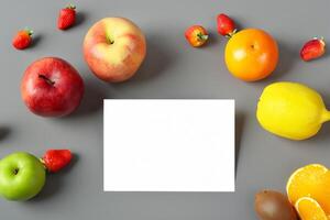 Card and White Paper Mockup Harmonized with Fresh Fruit, Crafting a Visual Symphony of Artful Design and Culinary Delight, Where Wholesome Ingredients Merge in a Feast of Vibrant Imagery photo