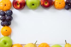 tarjeta y blanco papel Bosquejo armonizado con Fresco fruta, elaboración un visual sinfonía de ingenioso diseño y culinario deleitar, dónde saludable ingredientes unir en un banquete de vibrante imágenes foto