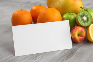 tarjeta y blanco papel Bosquejo armonizado con Fresco fruta, elaboración un visual sinfonía de ingenioso diseño y culinario deleitar, dónde saludable ingredientes unir en un banquete de vibrante imágenes foto