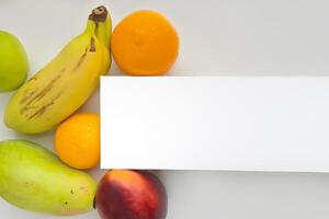 tarjeta y blanco papel Bosquejo armonizado con Fresco fruta, elaboración un visual sinfonía de ingenioso diseño y culinario deleitar, dónde saludable ingredientes unir en un banquete de vibrante imágenes foto