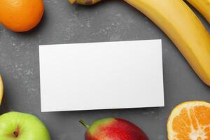 tarjeta y blanco papel Bosquejo armonizado con Fresco fruta, elaboración un visual sinfonía de ingenioso diseño y culinario deleitar, dónde saludable ingredientes unir en un banquete de vibrante imágenes foto