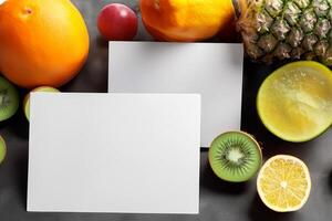 tarjeta y blanco papel Bosquejo armonizado con Fresco fruta, elaboración un visual sinfonía de ingenioso diseño y culinario deleitar, dónde saludable ingredientes unir en un banquete de vibrante imágenes foto