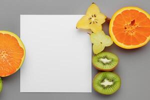 tarjeta y blanco papel Bosquejo armonizado con Fresco fruta, elaboración un visual sinfonía de ingenioso diseño y culinario deleitar, dónde saludable ingredientes unir en un banquete de vibrante imágenes foto