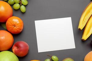 Card and White Paper Mockup Harmonized with Fresh Fruit, Crafting a Visual Symphony of Artful Design and Culinary Delight, Where Wholesome Ingredients Merge in a Feast of Vibrant Imagery photo