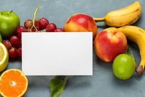 tarjeta y blanco papel Bosquejo armonizado con Fresco fruta, elaboración un visual sinfonía de ingenioso diseño y culinario deleitar, dónde saludable ingredientes unir en un banquete de vibrante imágenes foto