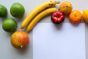 tarjeta y blanco papel Bosquejo armonizado con Fresco fruta, elaboración un visual sinfonía de ingenioso diseño y culinario deleitar, dónde saludable ingredientes unir en un banquete de vibrante imágenes foto