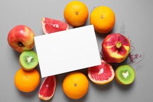 tarjeta y blanco papel Bosquejo armonizado con Fresco fruta, elaboración un visual sinfonía de ingenioso diseño y culinario deleitar, dónde saludable ingredientes unir en un banquete de vibrante imágenes foto