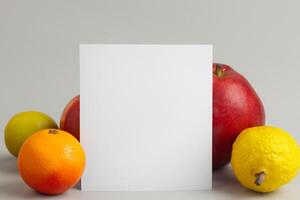 Card and White Paper Mockup Harmonized with Fresh Fruit, Crafting a Visual Symphony of Artful Design and Culinary Delight, Where Wholesome Ingredients Merge in a Feast of Vibrant Imagery photo