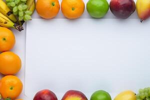 tarjeta y blanco papel Bosquejo armonizado con Fresco fruta, elaboración un visual sinfonía de ingenioso diseño y culinario deleitar, dónde saludable ingredientes unir en un banquete de vibrante imágenes foto