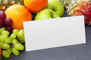 tarjeta y blanco papel Bosquejo armonizado con Fresco fruta, elaboración un visual sinfonía de ingenioso diseño y culinario deleitar, dónde saludable ingredientes unir en un banquete de vibrante imágenes foto