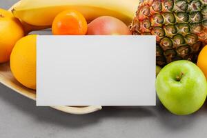 tarjeta y blanco papel Bosquejo armonizado con Fresco fruta, elaboración un visual sinfonía de ingenioso diseño y culinario deleitar, dónde saludable ingredientes unir en un banquete de vibrante imágenes foto