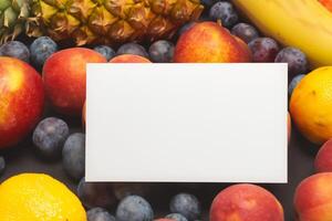 Card and White Paper Mockup Harmonized with Fresh Fruit, Crafting a Visual Symphony of Artful Design and Culinary Delight, Where Wholesome Ingredients Merge in a Feast of Vibrant Imagery photo
